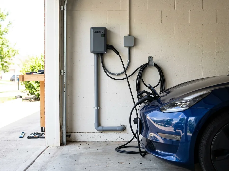 A wall-mounted EV charger installed and connected in a garage, conduit running neatly into the wall and its cable plugged into the charge port of a car at the right edge of the frame, daylight through the open garage door