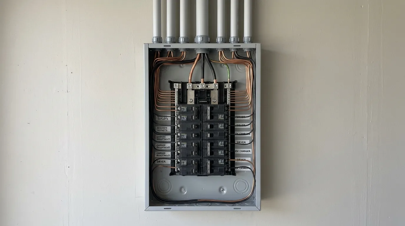 A suburban garage wall after the upgrade: a new 200-amp load centre installed and connected on the wall, deadfront off, labelled breaker rows and combed copper conductors, fresh conduit entering the top, square-on framing in flat daylight with the panel centred and nothing else in the frame
