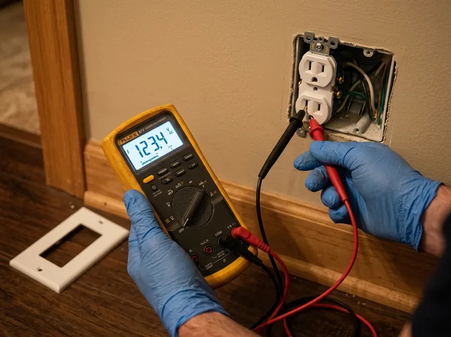 A gloved hand pressing a multimeter probe into an open breaker inside a residential panel, the meter screen lit mid-reading, the panel cover leaning against the wall beside it
